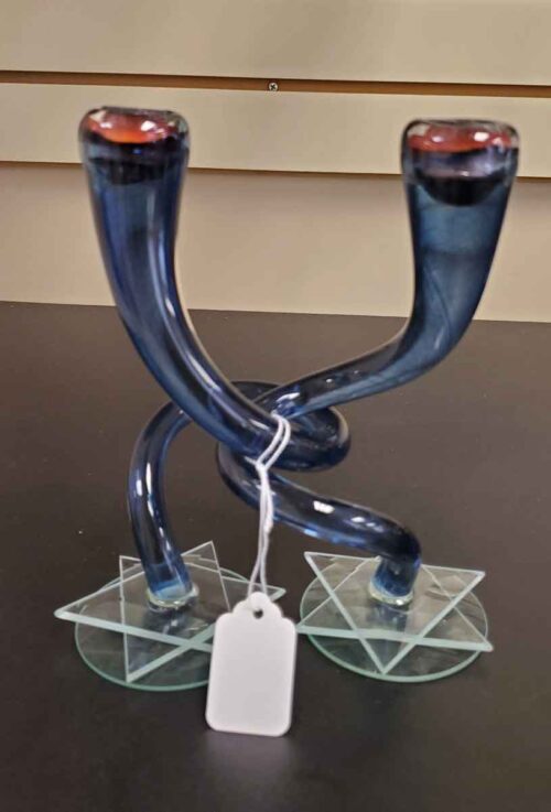 Hudson Glass Blue Intertwined Candlesticks with Jewish Star Base